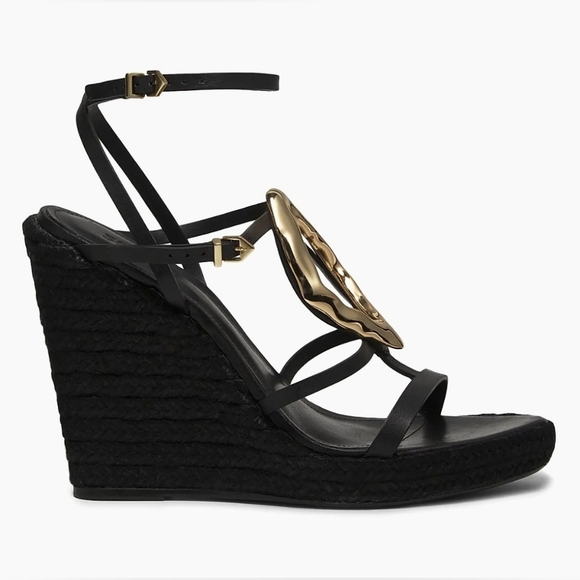 Schutz Amarilis Embellished Wedge Sandals In Black And Gold Size 11 B - Picture 5 of 16